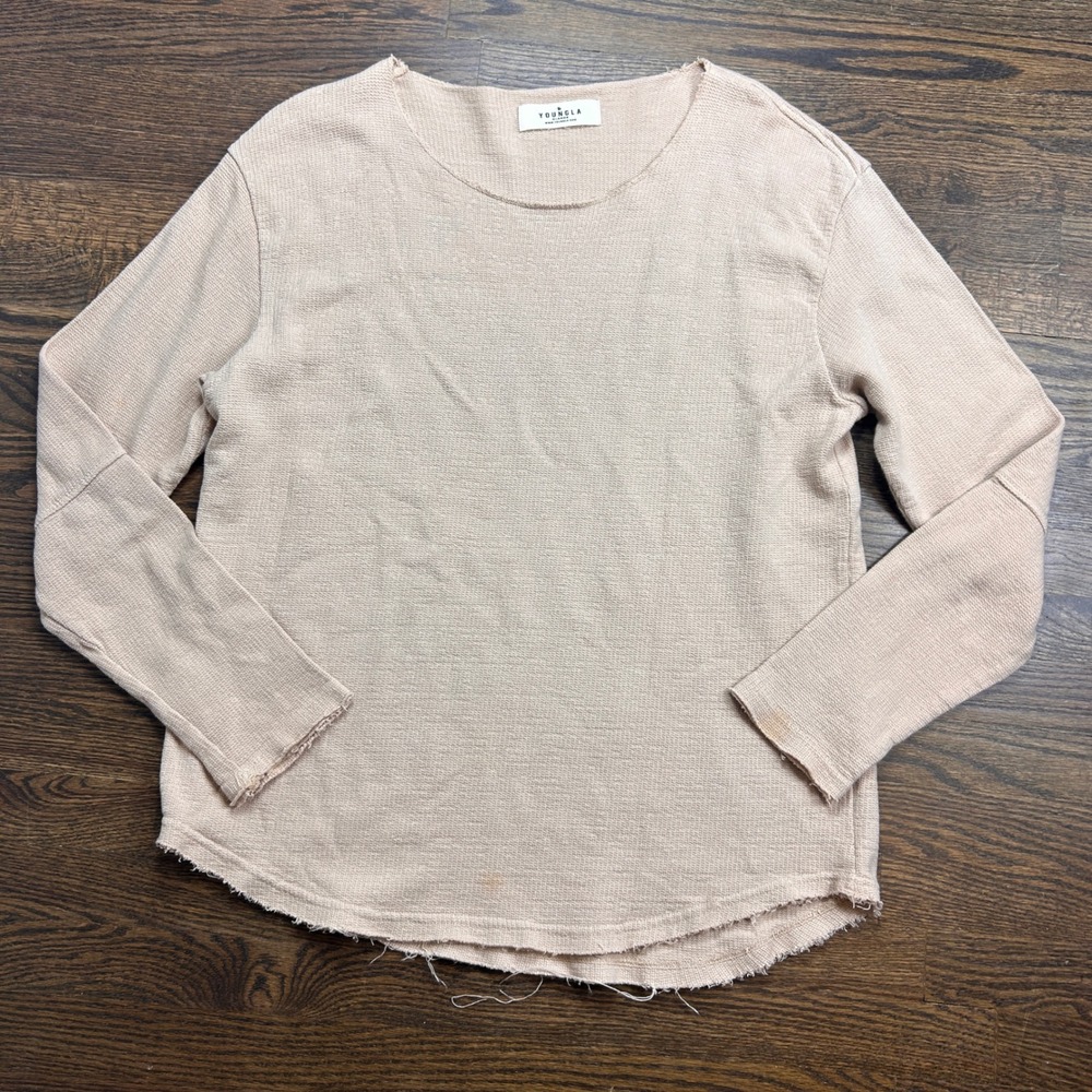 YoungLA Mens XL Waffle Knit Long Sleeve Thermal Shirt Tan Raw Hem Frayed